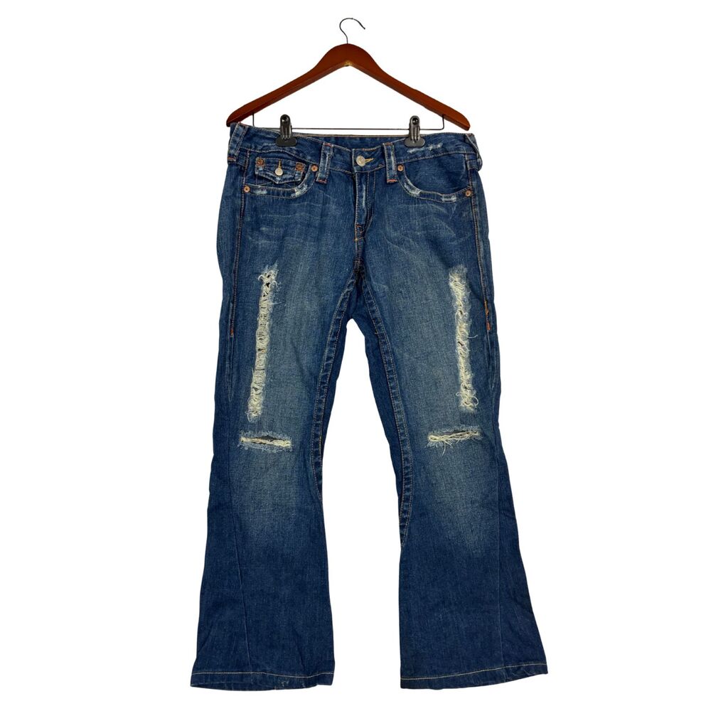 True Religion Joey Jeans Womens Size 31 Blue Distressed Flare Bootcut Made USA